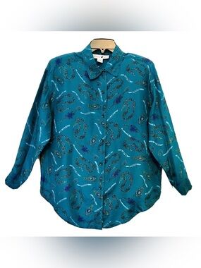 Jonathan Martin Vintage 80s Womens S Silk Teal Green Status Link Button Up Shirt
